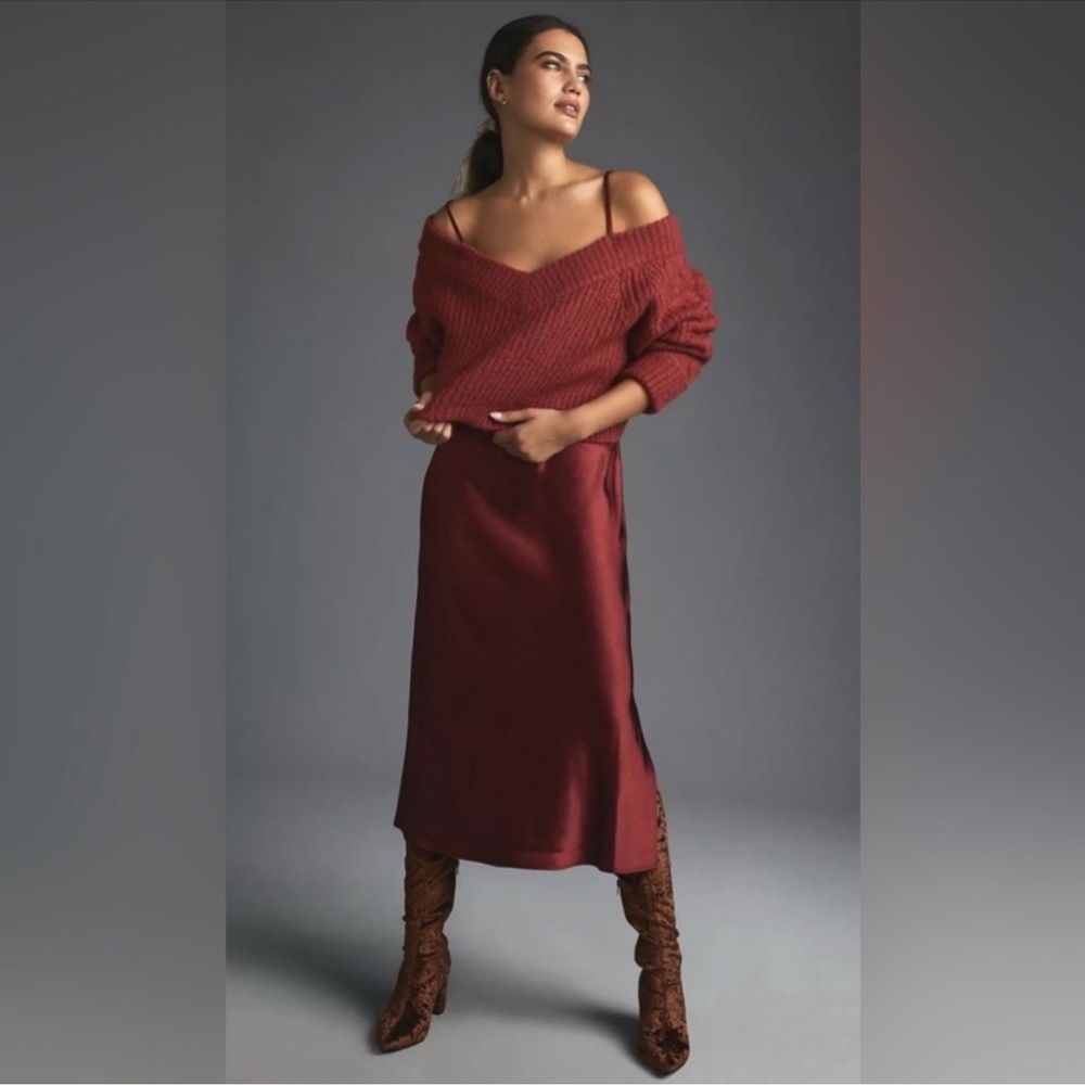 Mare Mare Anthropologie Copper Knit Sweater Midi Satin Dress Skirt Set XS